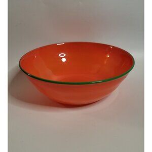 Hand-Blown Art Glass Bowl Deep Orange with Green Rim 8.5" Diameter
